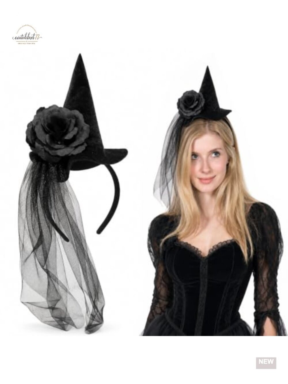 Witch Hat Headband Black Flowers Long Veil Halloween Costume Accessory